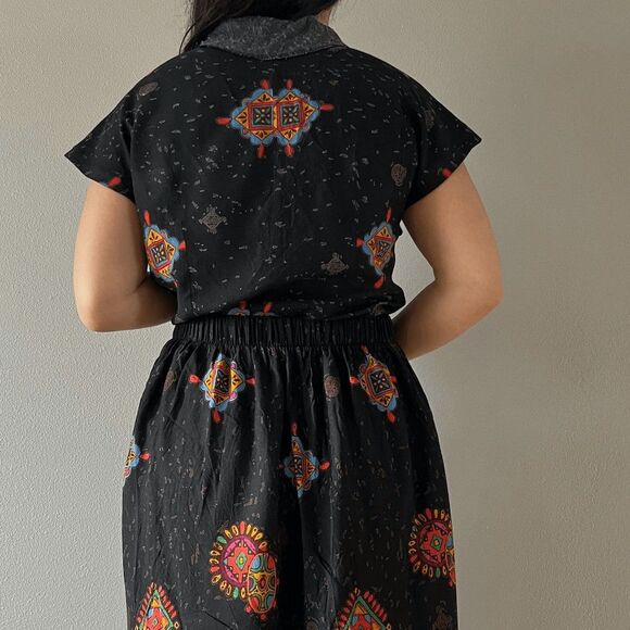 vtg 90s floral print skirt suit set multicolor‎ black vacation outfit boho small - Picture 4 of 9